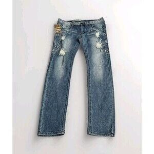 Machine Nouvelle Mode Jeans Size 15 Stretch Straight Leg Blue Distress Bling Y2K
